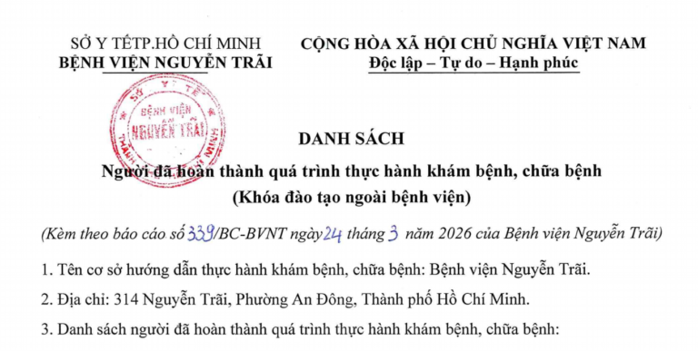 DANH SÁCH NGƯỜI ĐÃ HOÀN THÀNH QUÁ TRÌNH THỰC HÀNH KHÁM, CHỮA BỆNH (KHÓA ĐÀO TẠO NGOÀI BỆNH VIỆN)